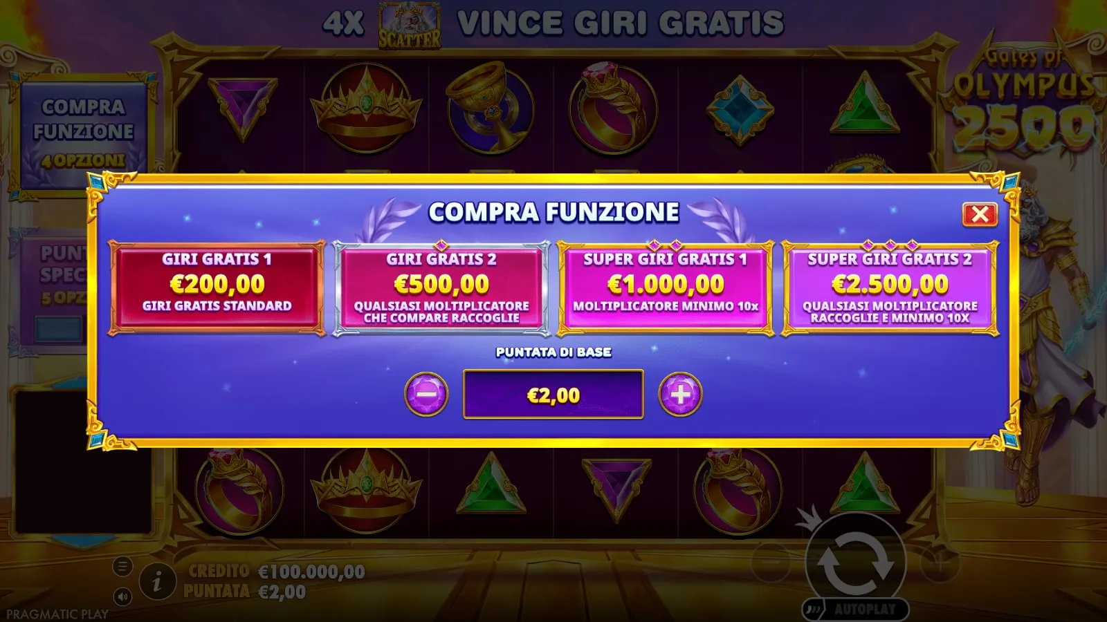 Il menu Compra funzione di Gates of Olympus 2500 con quattro opzioni da 200 a 2.500 euro