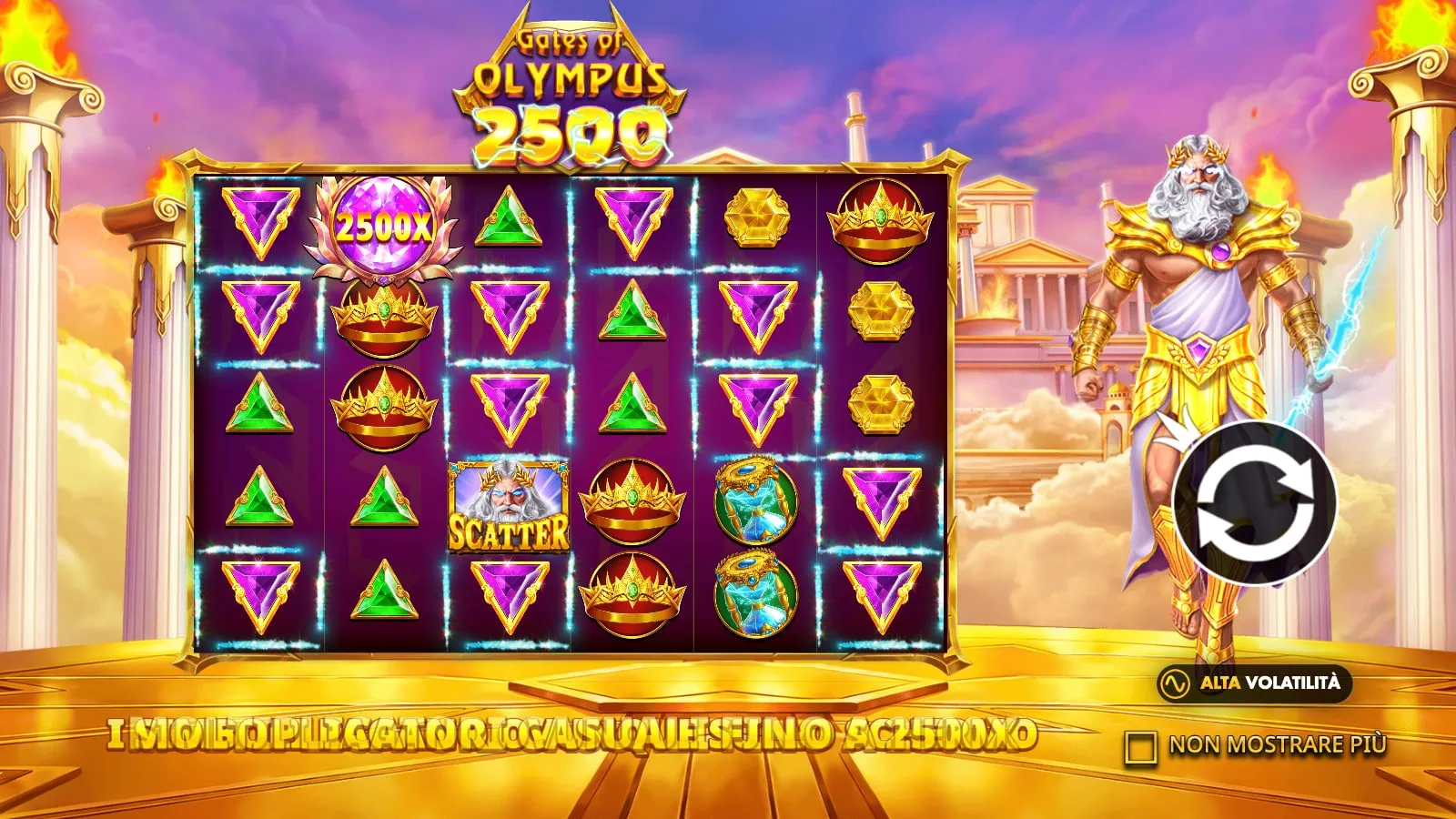 Schermata iniziale di Gates of Olympus 2500 con un moltiplicatore da 2500x sui rulli e l’indicazione Alta volatilità