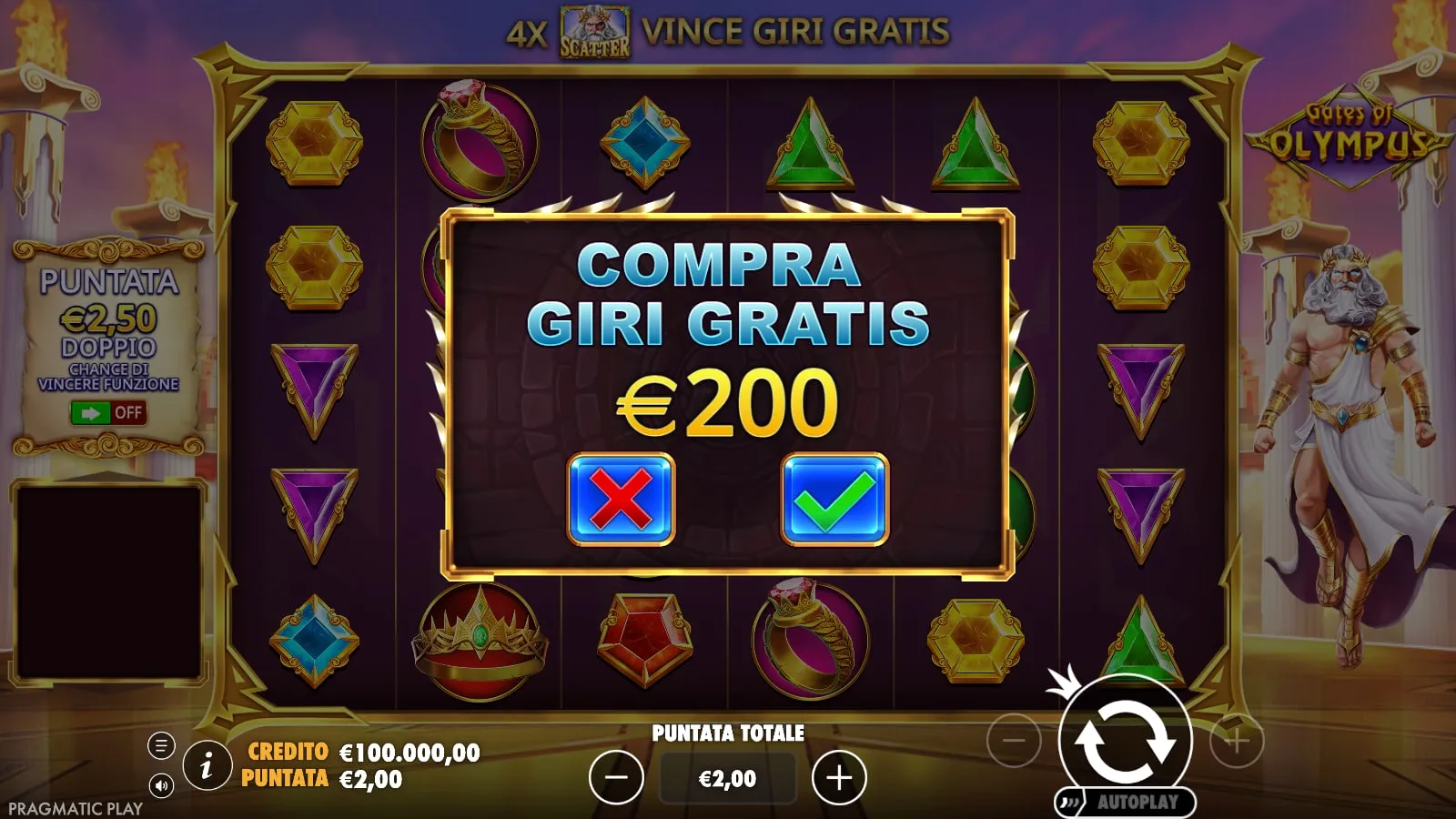 La finestra Compra giri gratis di Gates of Olympus: 200 euro con puntata da 2 euro
