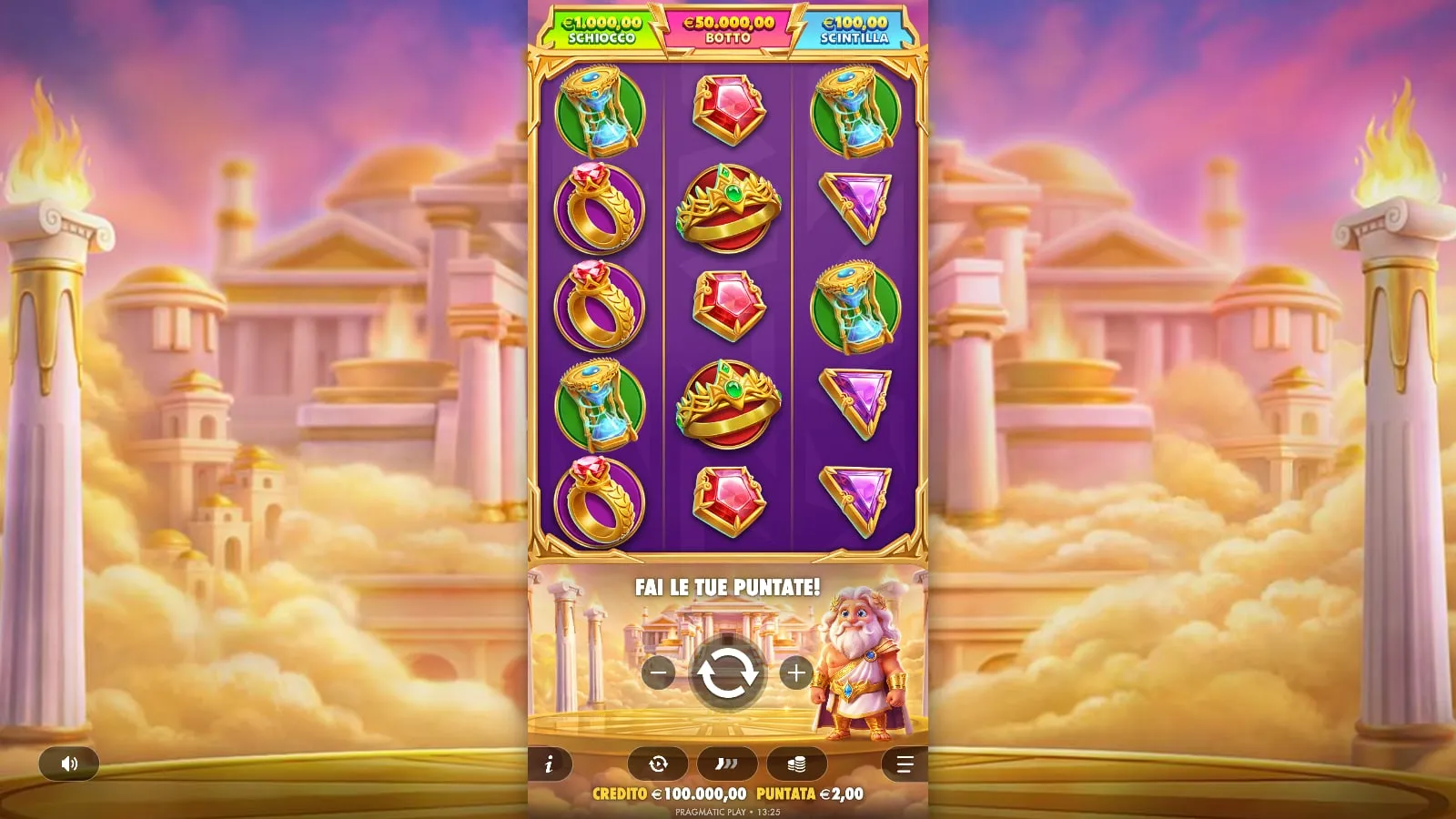 Gates of Olympus POP: griglia verticale da tre rulli con i jackpot Schiocco, Botto e Scintilla in alto