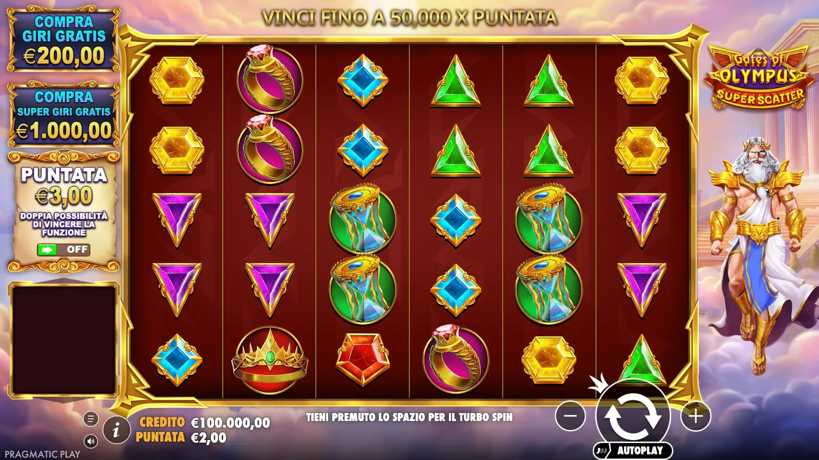 Gates of Olympus Super Scatter nella demo ufficiale, con due pulsanti di acquisto